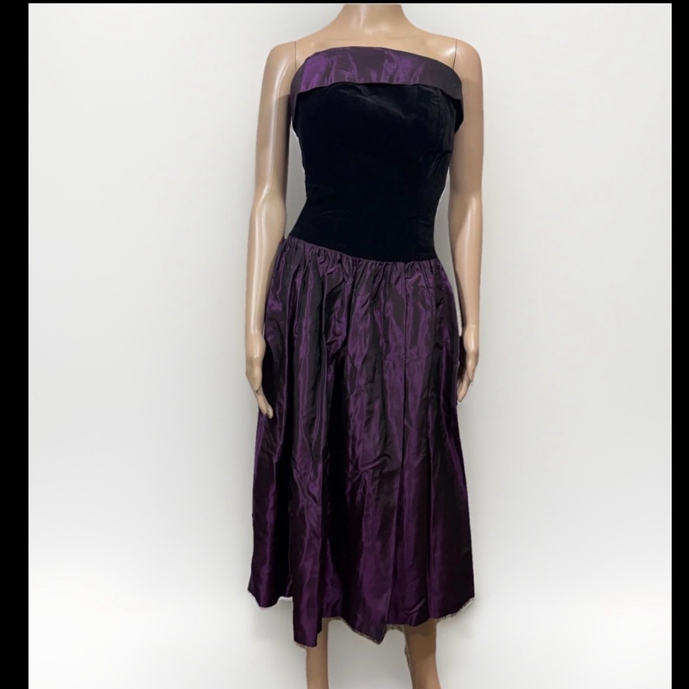 Vtg 80s Laura Ashley Iridescent Taffeta Midi Dress Size 6 Purple Black Gown Glam